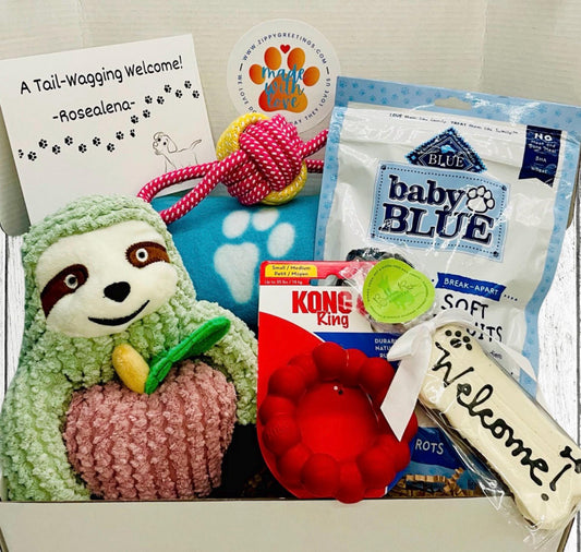 Slothy Welcome New Puppy Gift Box, Welcome Home Puppy, Dog Adoption, Puppy Gift Basket, New Dog Mom, Welcome New Dog, New Dog Owner