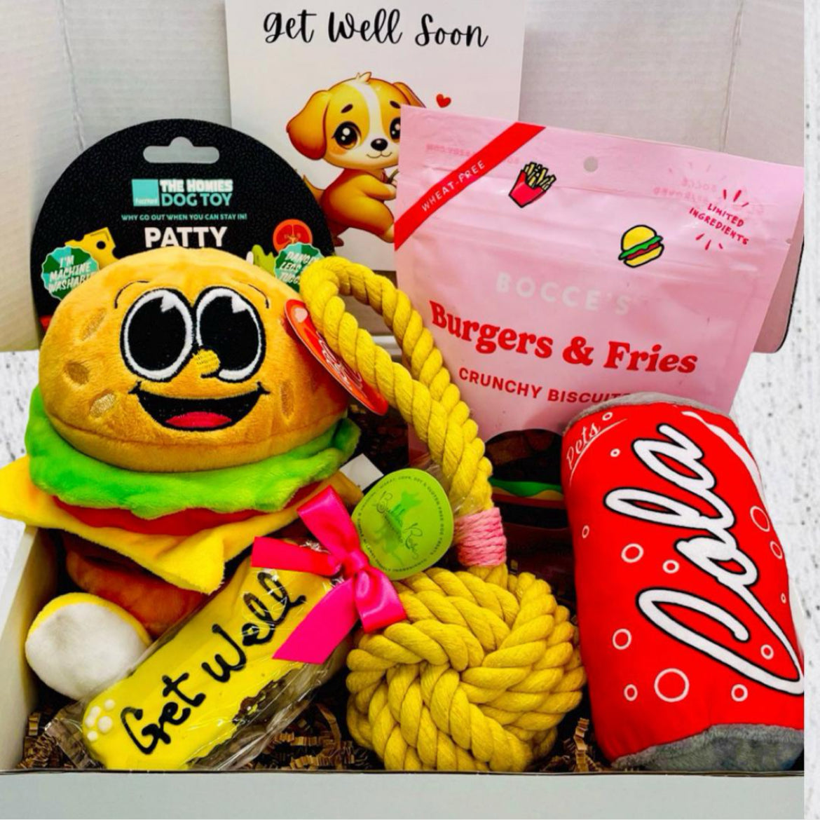 Canine Comfort Combo: Burger and Soda Pup Edition Get Well Gift Box, Med-Large Dog, Dog Gift Box, Get Well Dog, Dog Get Well Soon