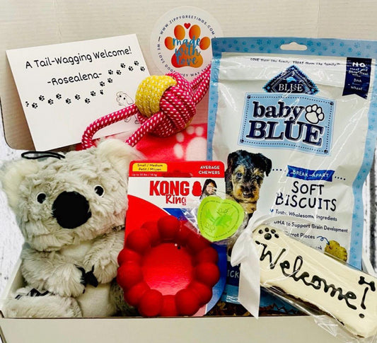 Pawsome Koala Welcome New Puppy Gift Box, Welcome Home Puppy, Dog Adoption, Puppy Gift Basket, New Dog Mom, Welcome New Dog, Koala Plush Toy